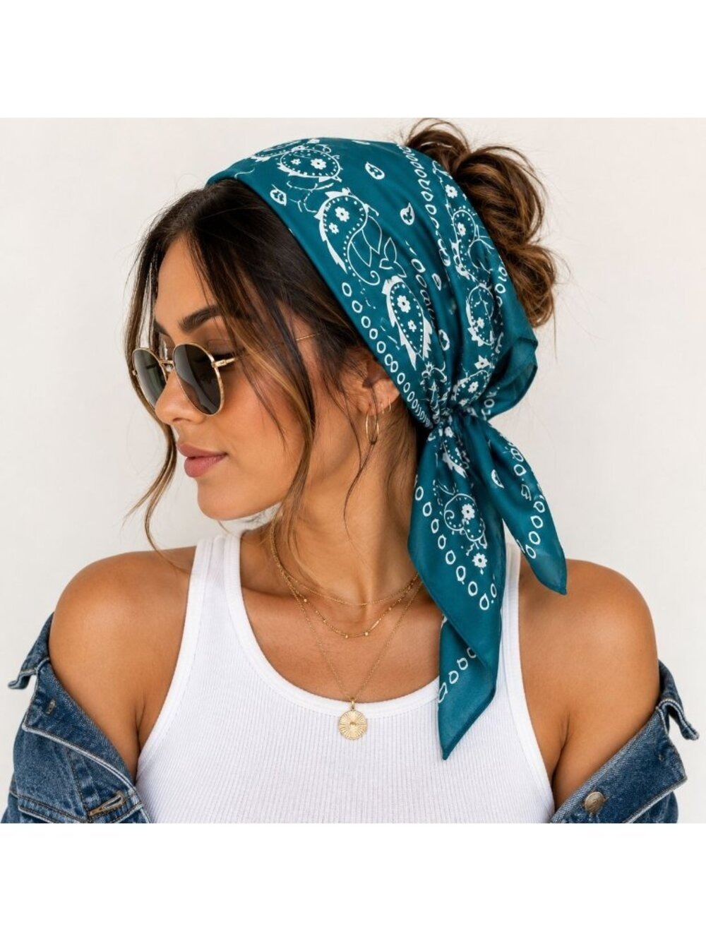 Teal Blue Paisley Bandana Scarf Large Satin Square Wrap 35x35 - Picture 3 of 5